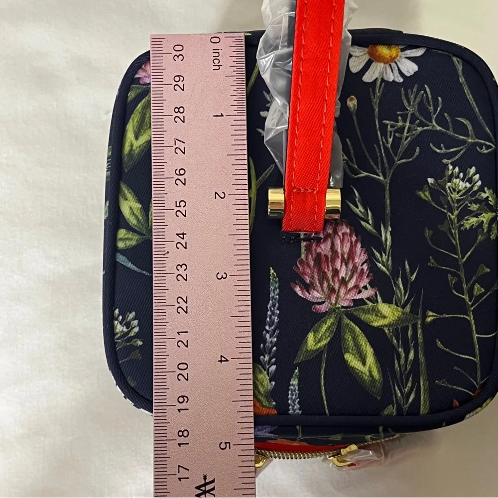 Estee Lauder Floral Print Double Zip Orange Top Handle Wristlet Mini Square Bag